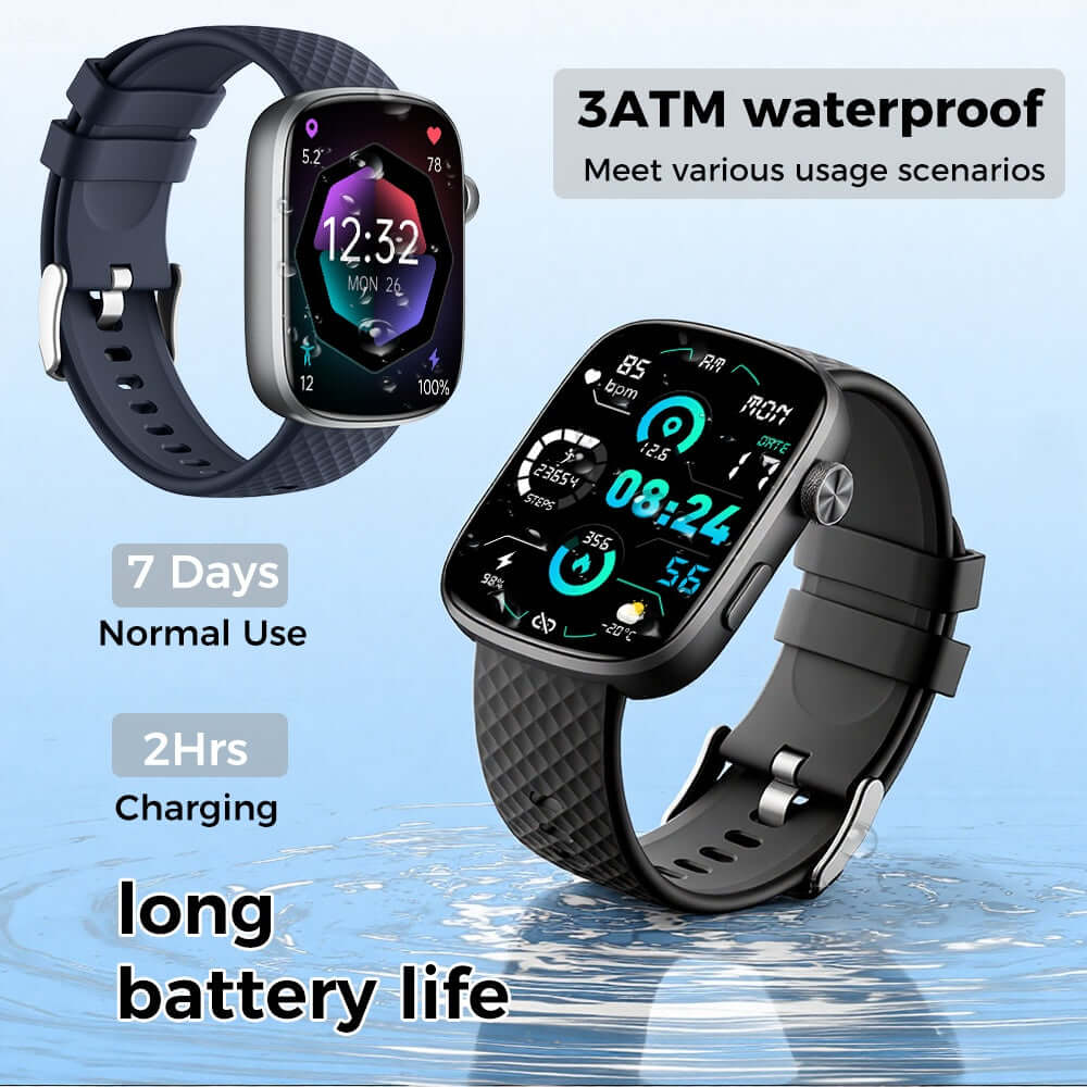 Fitness smartwatch showing 7-10 day battery life indicator