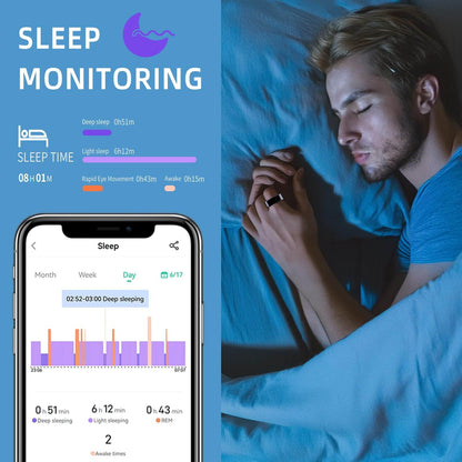 Smart Ring Health Tracker with smartphone app display