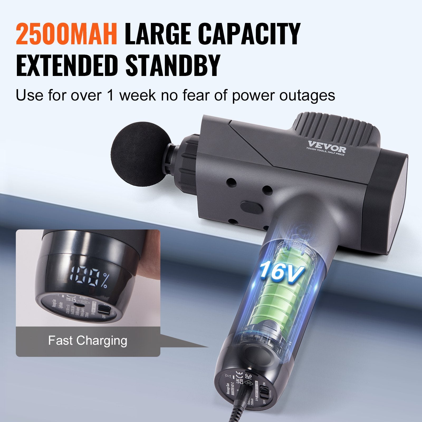 Deep tissue massage gun with 8 speed levels and 16V battery