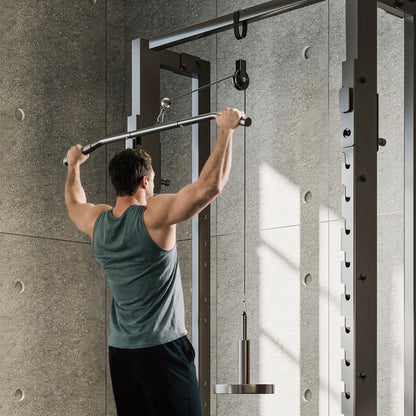 Cable pulley system for home gym with LAT bar