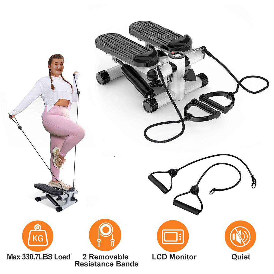 Mini stepper with resistance bands and LCD monitor - front view