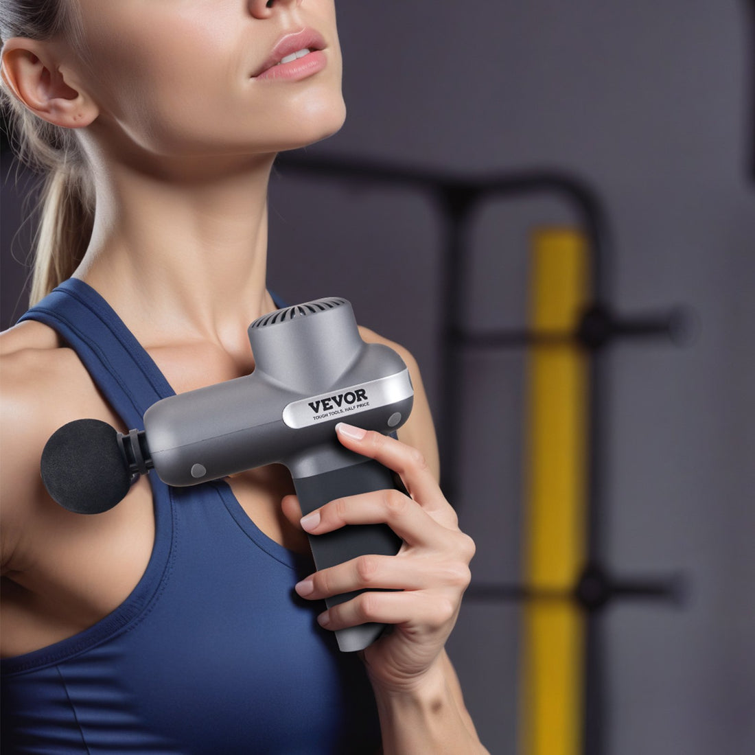 Percussion deep tissue massage gun showing speed settings