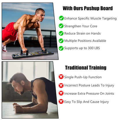 Color-coded push up board with 15 fitness accessories